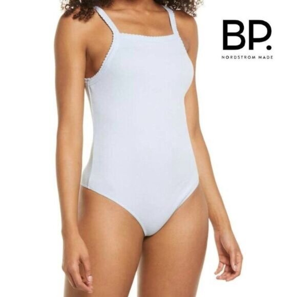 BP. Women's Picot‎ Trim Cotton Blend Rib Bodysuit In Blue Cashmere NWT - Picture 3 of 5